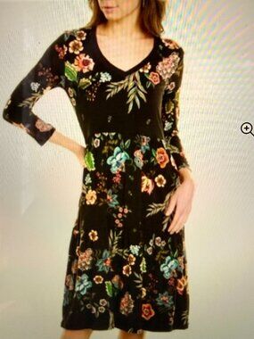 Johnny Was Ardell Tiered Henley Dress Black Floral V-Neck 3/4 Sleeve Size XS